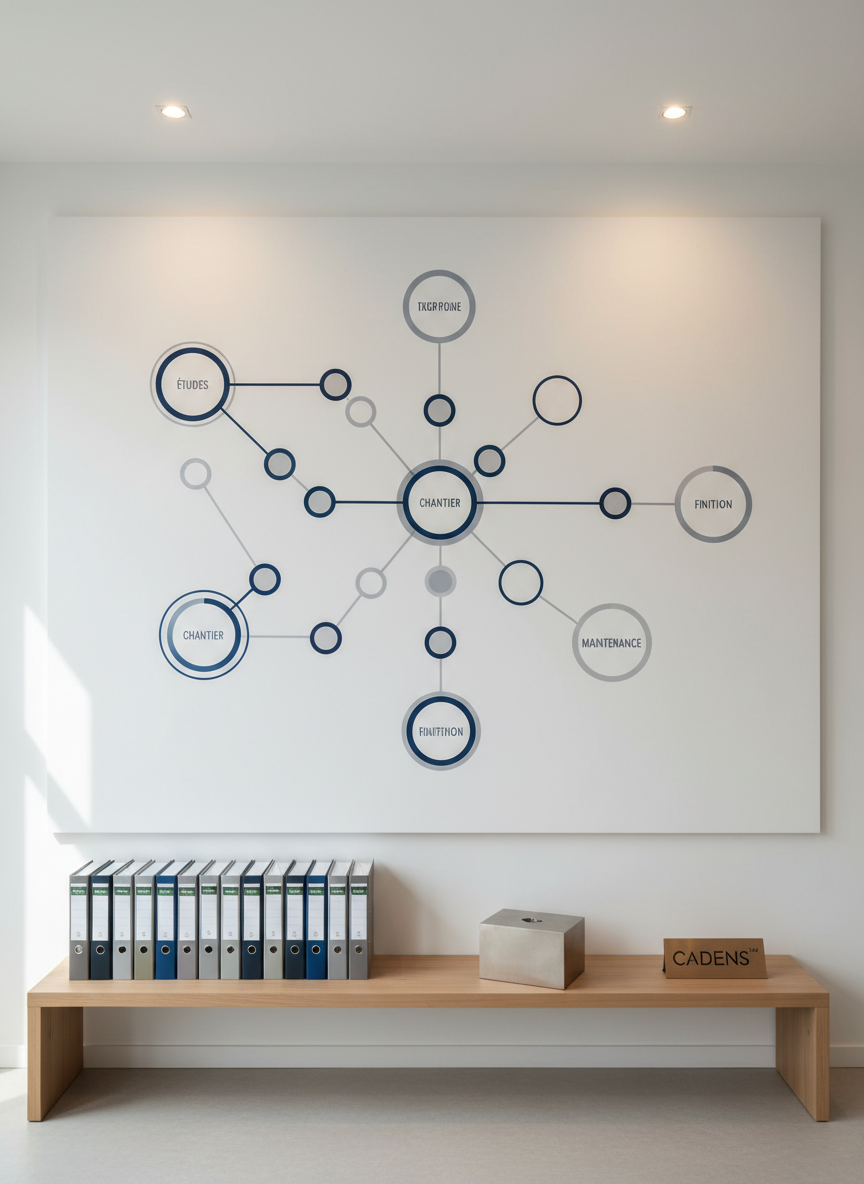 A professional, welcoming entrance area of a building trades network hub, centered on a large matte white wall panel with an abstract, geometric diagram symbolizing an ecosystem of building companies: interlinked circles and lines in deep blue and soft gray, labeled with key themes like ‘Études’, ‘Chantier’, ‘Finition’, and ‘Maintenance’. Below, a low console in light wood holds carefully arranged binders, a metal scale model of a building block, and a discreet plaque engraved with CADENS™. The space is lit by soft, natural daylight supplemented with warm recessed ceiling lights, creating a balanced, inviting glow. Photographic realism, straight-on composition, and sharp focus throughout highlight the idea of a structured, interconnected professional network, without any human presence.