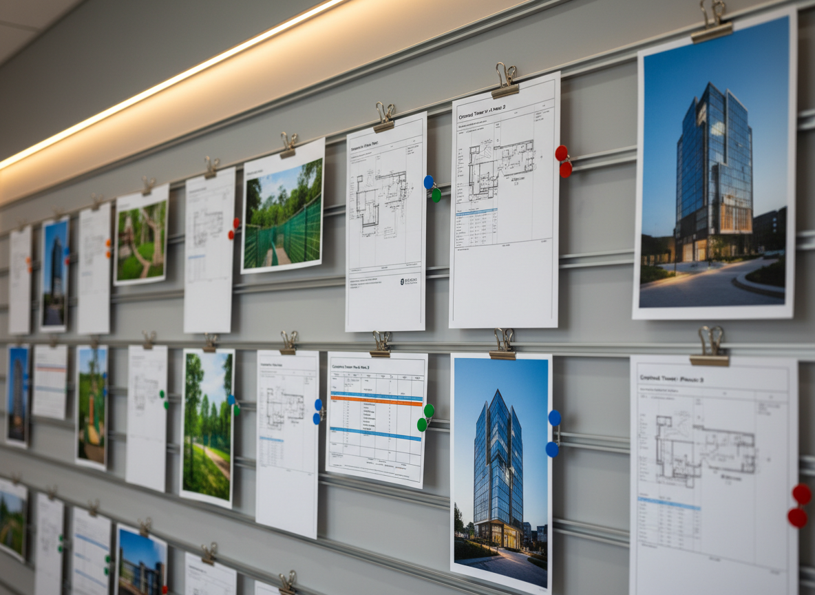 A detailed close-up of an organized construction coordination wall in a project office, featuring parallel horizontal rails with neatly clipped A3 planning sheets, Gantt charts, and color-coded site photos of habitat and building projects. Each document is aligned precisely, with small magnetic markers indicating stages and priorities in red, blue, and green. The wall itself is a smooth, matte light-gray surface, giving a clean, technical look. Warm, indirect LED ceiling lighting washes evenly over the wall, eliminating harsh shadows and emphasizing clarity. Shot in photographic realism from a slight side angle to create subtle depth, with the central documents in sharp focus and outer edges softly blurred, conveying structured facilitation and a rigorous method of project management.