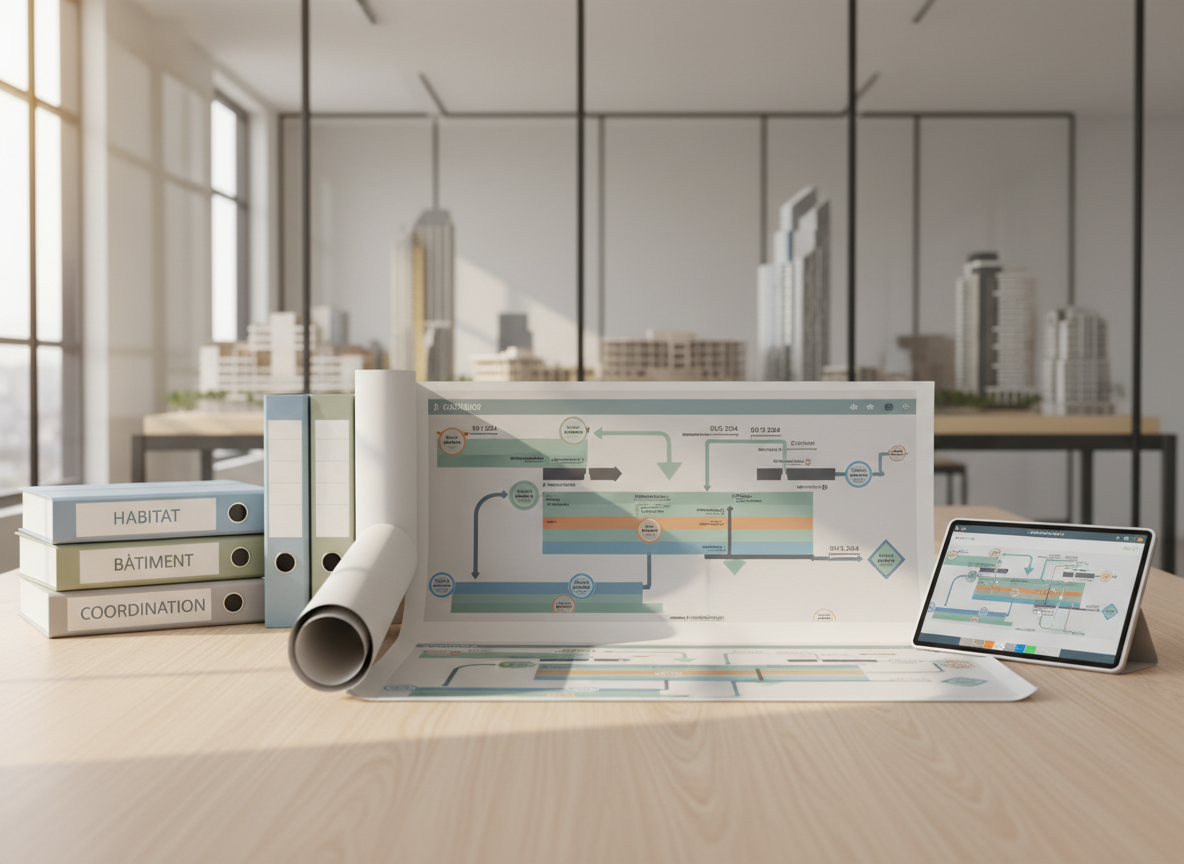 A bright, contemporary meeting table showcasing a structured building project overview: a large printed project roadmap with colored phases, arrows, and clear milestones, laid out on heavy matte paper. Around it are stacked, labeled binders for ‘Habitat’, ‘Bâtiment’, and ‘Coordination’, each in a different muted color with clean typography. A sleek tablet displays a CADENS™ Pilot-style interface, mirroring the roadmap in digital form. The setting is a quiet, glass-walled project room with shelves of architectural models softly out of focus in the background. Natural daylight from one side creates gentle highlights on paper and tablet glass. Photographic realism, eye-level perspective, and rule-of-thirds composition emphasize structure, method, and collaboration without showing any people.