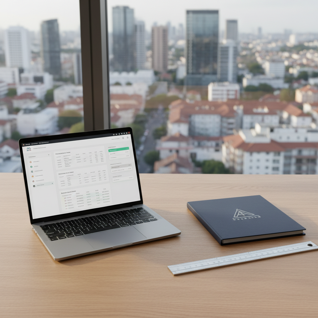A minimalist, high-tech workstation featuring a slim, silver laptop open to a dashboard-style project management interface for building sites, with clean graphs, timelines, and color-coded project cards on screen. The laptop rests on a smooth, light oak desk alongside a closed dark-blue project folder embossed with a discreet geometric logo, and a precision metal scale ruler. Behind, a panoramic window reveals a softly blurred cityscape with mixed residential and commercial buildings. Soft, diffused afternoon light bathes the desk, creating a calm yet efficient mood. Shot in photographic realism from a slightly elevated angle with balanced composition and ample negative space, conveying organization, digital coordination, and professional control over habitat and building projects.